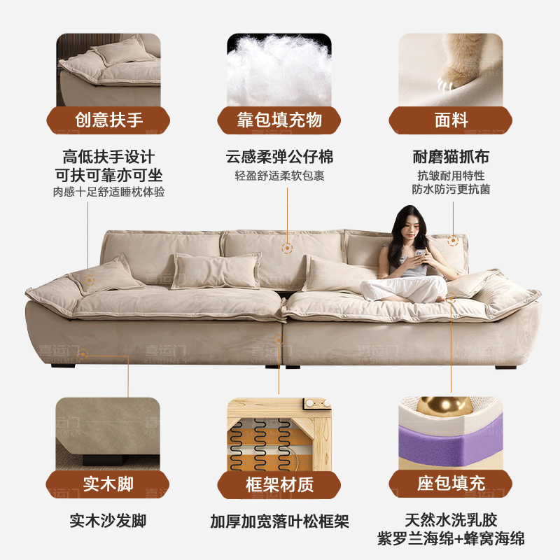 Xiyunmen (XIYUNMEN) government subsidy cream wind sailing sofa removable and washable cat scratch cloth sofa living room latex sofa small apartment sofa cat scratch cloth + latex style / 85cm seat depth / 1.2m width 2.6m four people, cushions and backrest bags are removable and washable