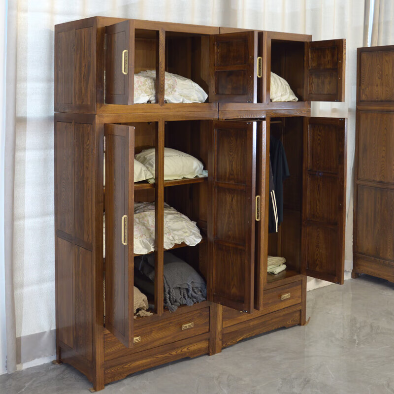 Master Yu old elm solid wood wardrobe flat door new Chinese style log bedroom wardrobe top box cabinet home combination storage cabinet
