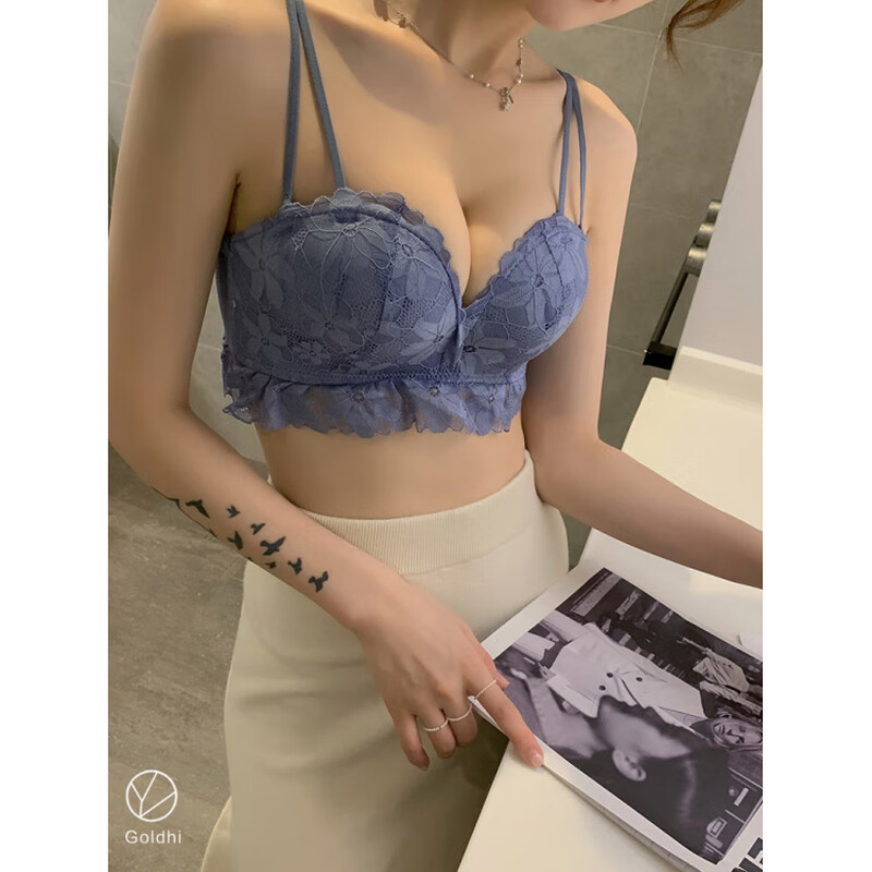 Aimu Autumn and Summer No Wires Gathering Beautiful Back Small Bra Adjustable Anti-Sagging Sexy Lace Underwear Women's Bra Set Black Bra + Panties 80B 36B