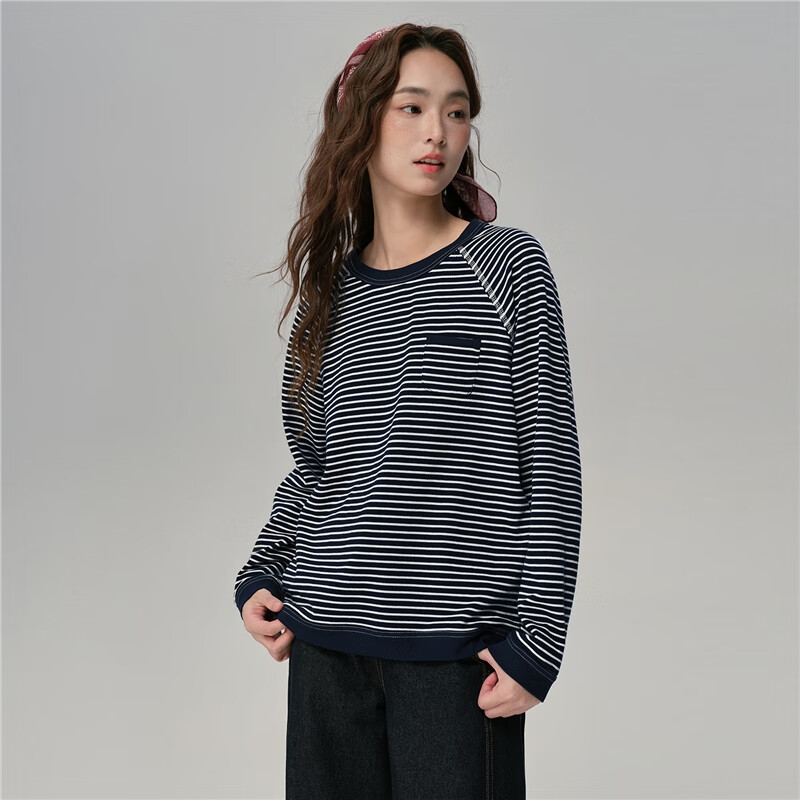 Giordano designer long-sleeved T-shirt women's autumn pure cotton retro striped loose top 18325214