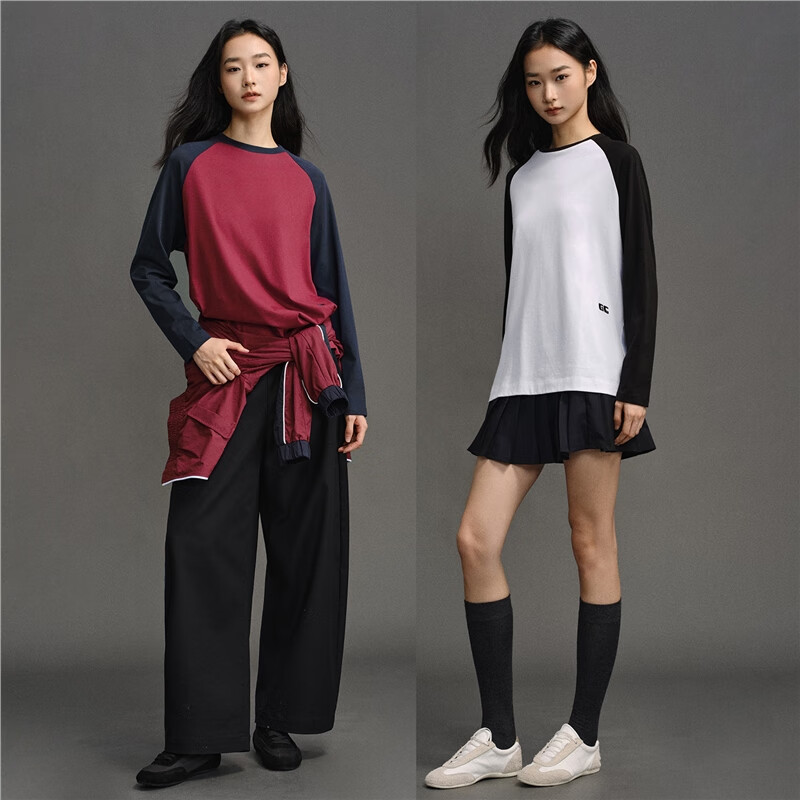 GIORDANO CONCEPTS 2025 autumn and winter new long-sleeved T-shirt women's pure cotton embroidered contrasting raglan loose round neck top 12325016