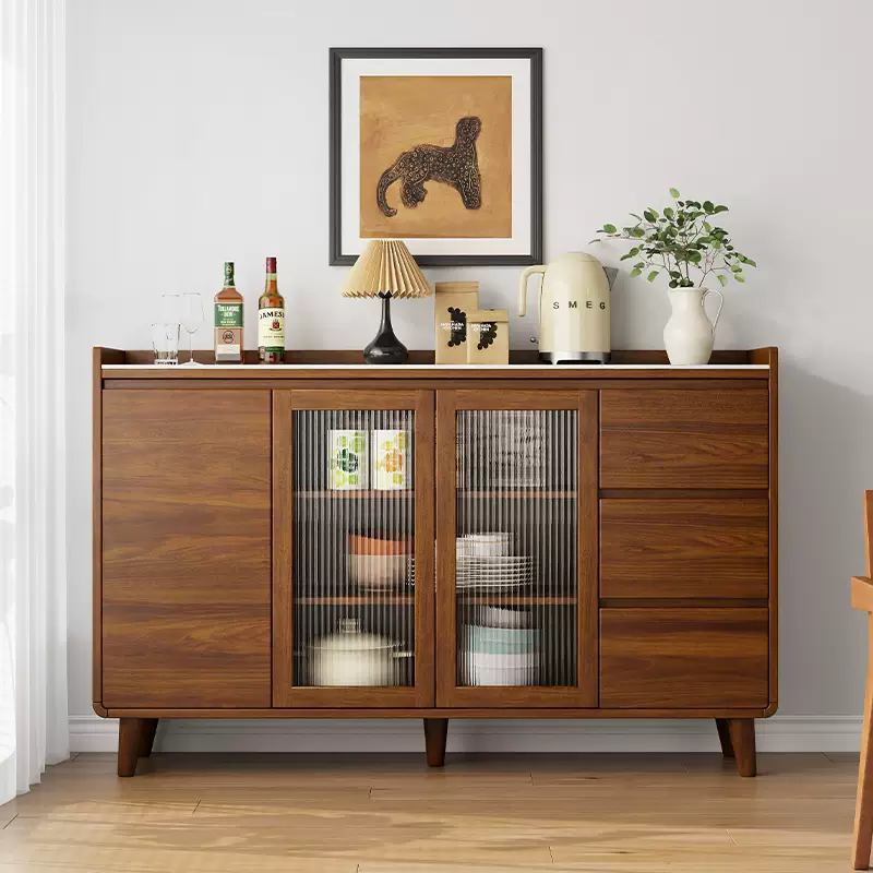 Pupan solid wood sideboard against the wall integrated storage cabinet double layer multi-functional wine cabinet storage cabinet new Chinese tea cabinet all solid wood full panel door cabinet length 180CM free installation