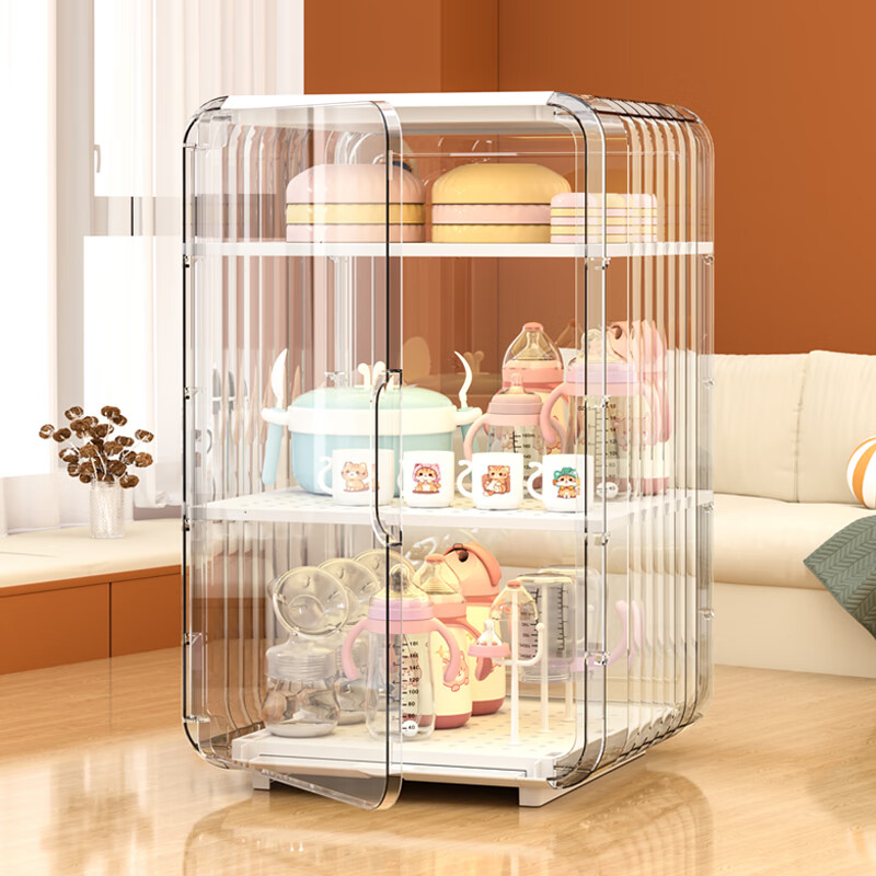 Midele milk bottle storage box, baby tableware storage box, non-staple food tools, breast pump storage, baby-specific dust-proof and drainable, high model, 3 layers, Aisha White, drain stand + drawer-type drain tray, free hook