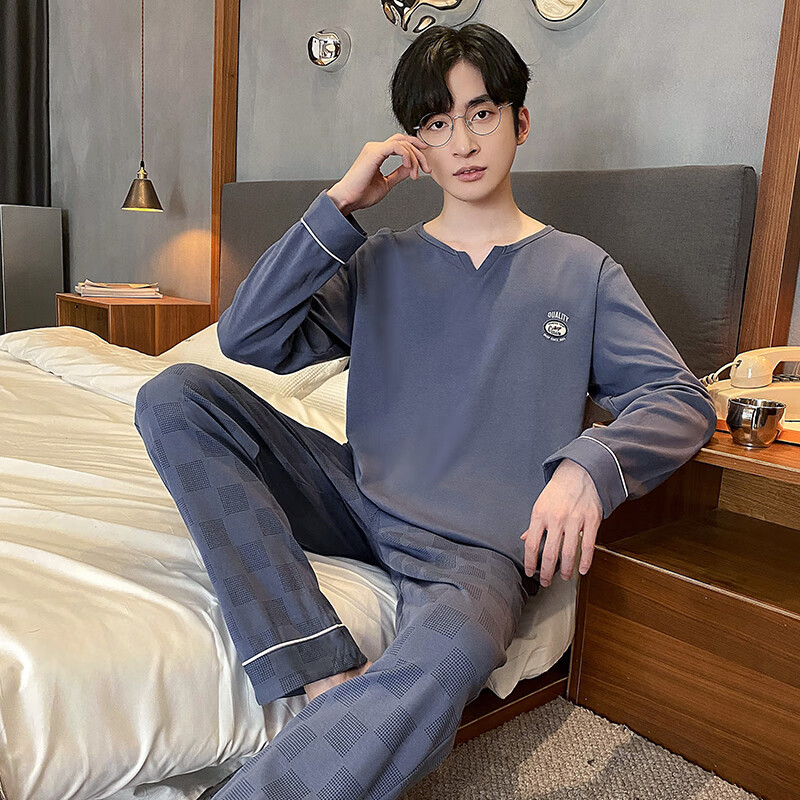 Yu Zhaolin pajamas men's cotton autumn and winter long-sleeved simple casual youth large size can be worn outside all seasons pullover home clothes