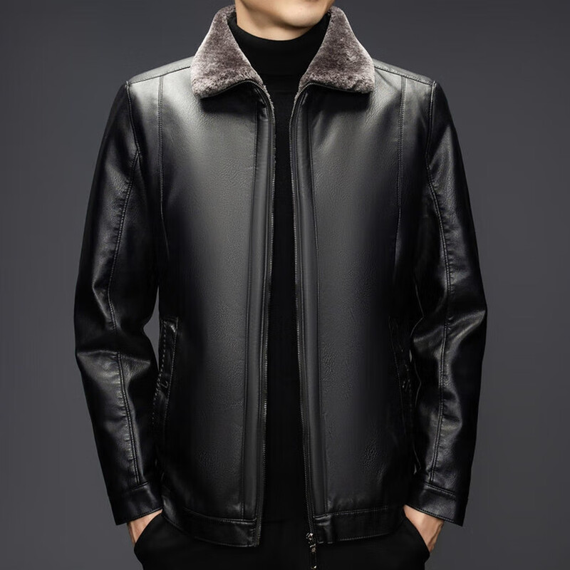The same leather jacket for men in winter plus velvet and thickened lamb fur all-in-one leather jacket for men black 3XL 190