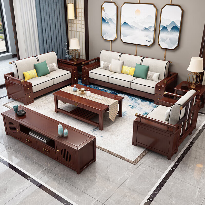 Sanskrit new Chinese style all-solid wood sofa combination modern simple large-sized living room removable and washable fabric sofa for winter and summer
