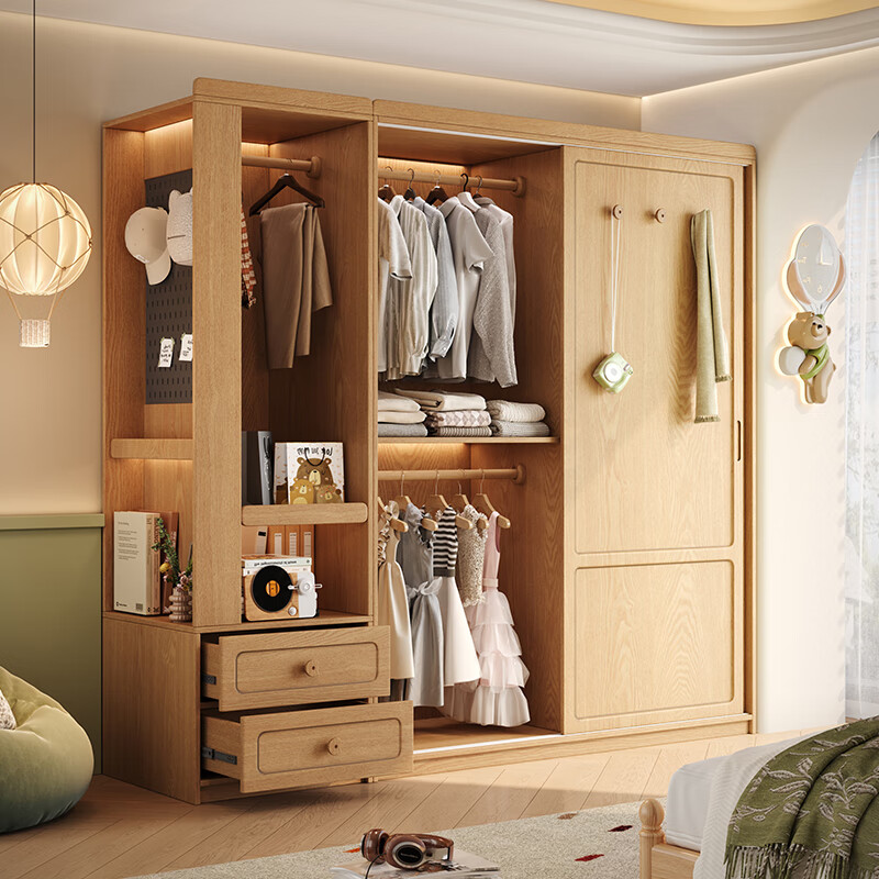 He Jiajiang solid wood wardrobe bedroom home sliding door wardrobe customized children's oak storage storage cabinet 2026 hot style 1.8m long * 2.05m high / oak wardrobe ENF maternal and child grade environmentally friendly antibacterial 18MM thickened oak / support customization