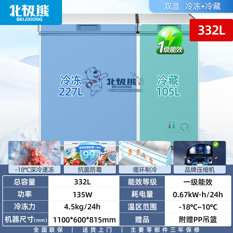 Polar Bear (BEIJIXIONG) Freezer Commercial Horizontal Large Capacity Freezer Household Refrigerated Freezer Single and Double Temperature Display Cabinet Copper Pipe Parts Hot Selling Recommendation 438 Dual Temperature Level 1 Energy Efficiency Upgraded Copper Pipe Parts