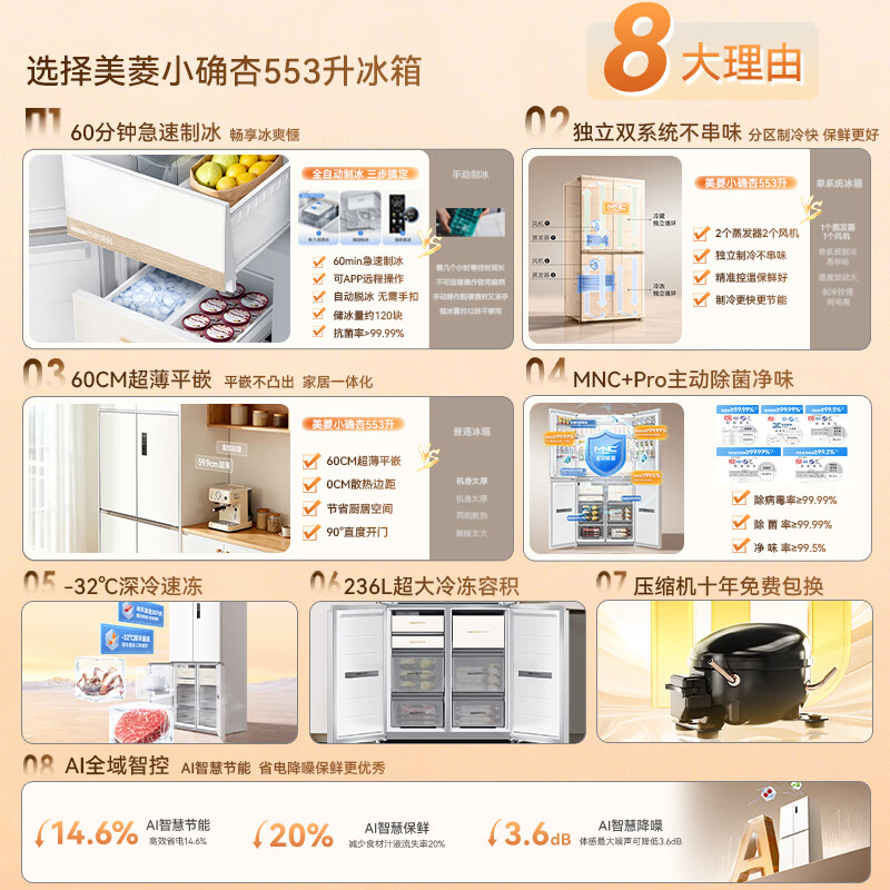 MeiLing small 553-liter cross-door refrigerator automatic ice making four-door large freezer dual system ultra-thin zero-embedded bottom cooling BCD-553WSPU9CIZX national subsidy