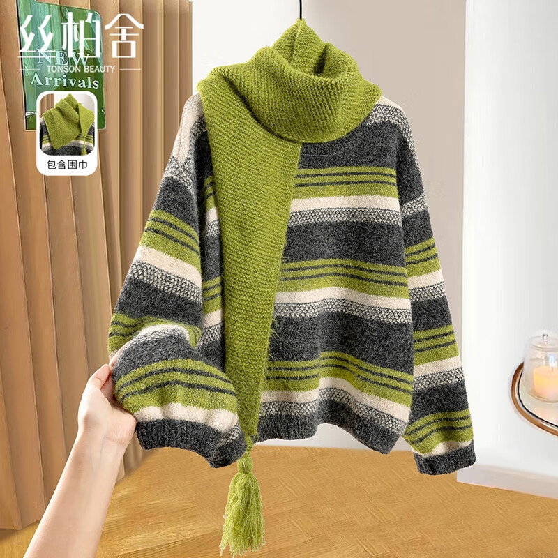 Cypress house with sheep wool Hong Kong style retro striped sweater for women 2025 winter new style lazy style loose top