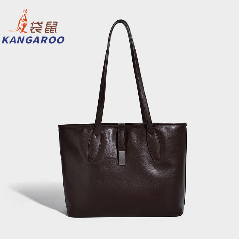 Kangaroo (KANGAROO) launches new vegetable tanned soft leather tote bag for women, large capacity commuting shoulder bag, casual and simple design, daily outing, coffee color 33*15*27CM