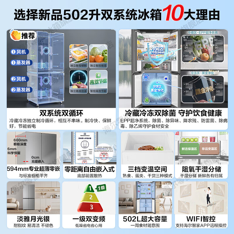 Haier Refrigerator produces 521 Commander dual-system dual-cycle ultra-thin zero-embedded 60cm household 502L four-open cross-door first-class dual-frequency EPP ultra-clean refrigerator with dual systems and no odor. 502L ultra-thin zero-embedded + full-area sterilization and purification + dual systems without odor