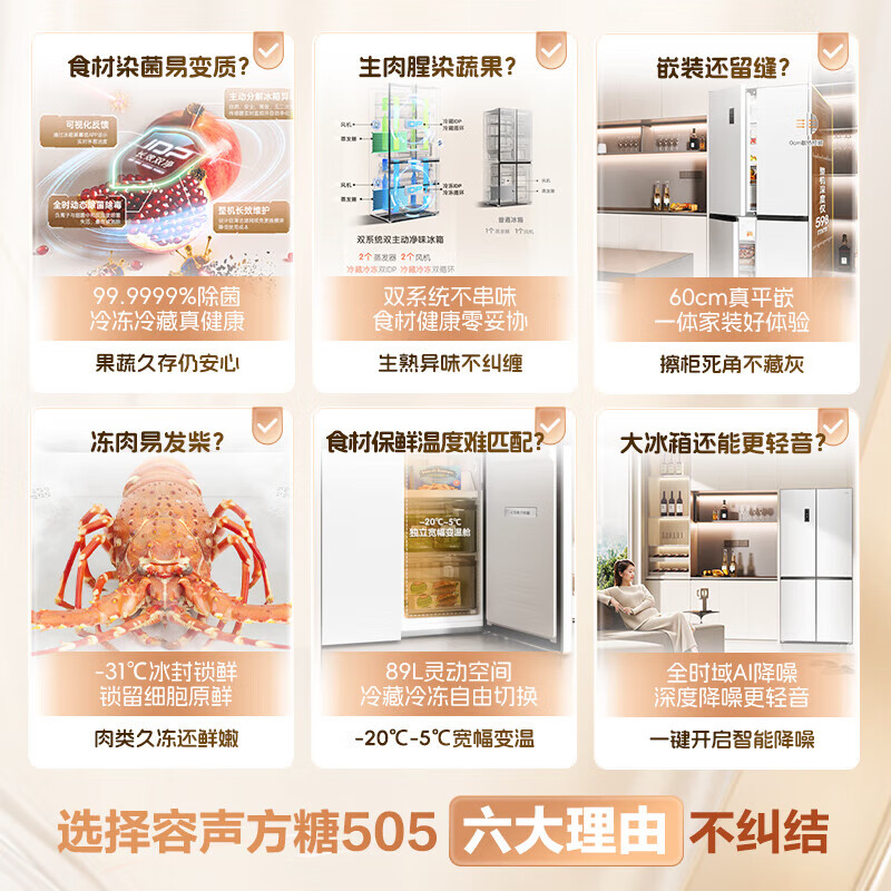 Rongsheng Cube Sugar 505L Cross Door Refrigerator Dual System Cycle Active Sterilization Ultra-Thin Embedded Level One Energy Efficiency Frost-Free BCD-505P60CZMAD National Subsidy World Cup Rongsheng Cube Sugar 505L Dual Purification Dual System White
