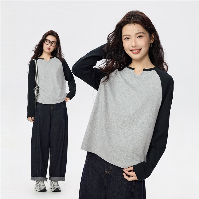 Giordano American-style football uniform for women, fashionable pure cotton small U-neck top, contrasting raglan long-sleeved T-shirt for women 13324719