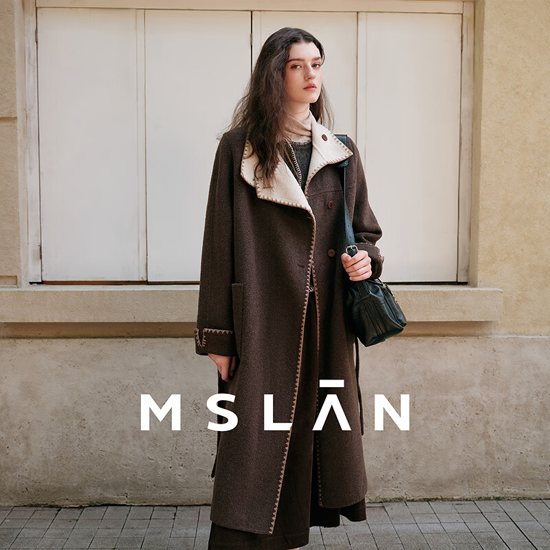 MSLAN winter light woolen retro stand-up collar reversible long cashmere coat 25 winter shell embroidered woolen thick coat dark coffee XS