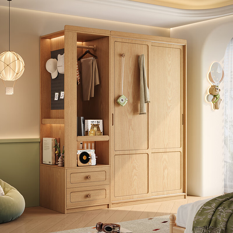 He Jiajiang solid wood wardrobe bedroom home sliding door wardrobe customized children's oak storage storage cabinet 2026 hot style 1.8m long * 2.05m high / oak wardrobe ENF maternal and child grade environmentally friendly antibacterial 18MM thickened oak / support customization