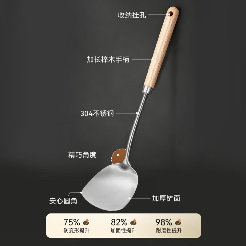 Temeiju 304 stainless steel spatula set, cooking spoon, household 40cm extended beech handle, anti-scalding frying spoon