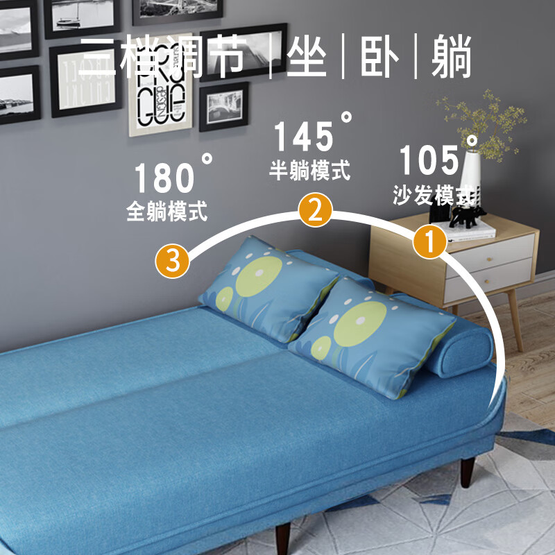 Huiyue multifunctional folding sofa bed dual-purpose simple three-person small apartment living room rental furniture lazy sofa recommended sea blue linen sponge style 1.8 meters long 2 armrests 2 waist pillows