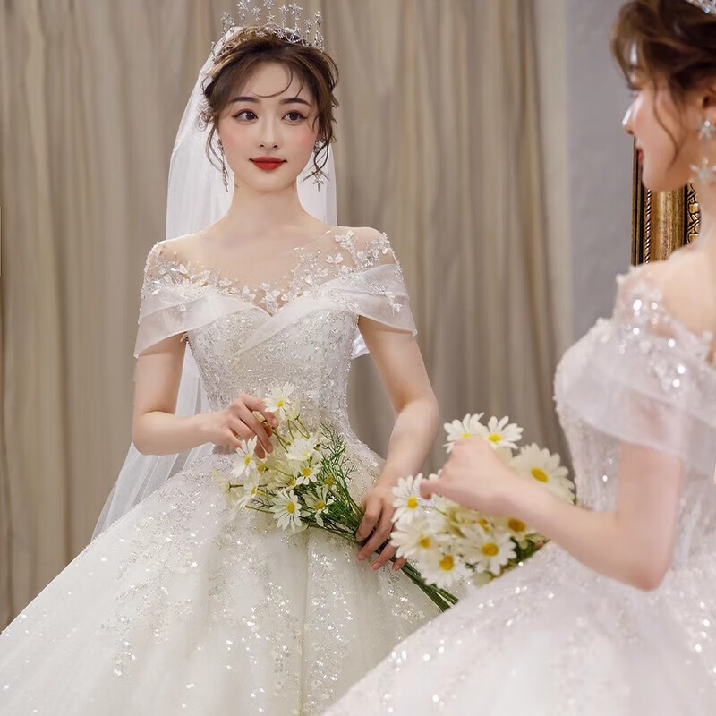 Flashing girly French one-shoulder wedding dress for brides 2025 new main yarn small person covering arms and tail large size texture tail-white model comes with veil gloves skirt support XL (116-124 pounds)