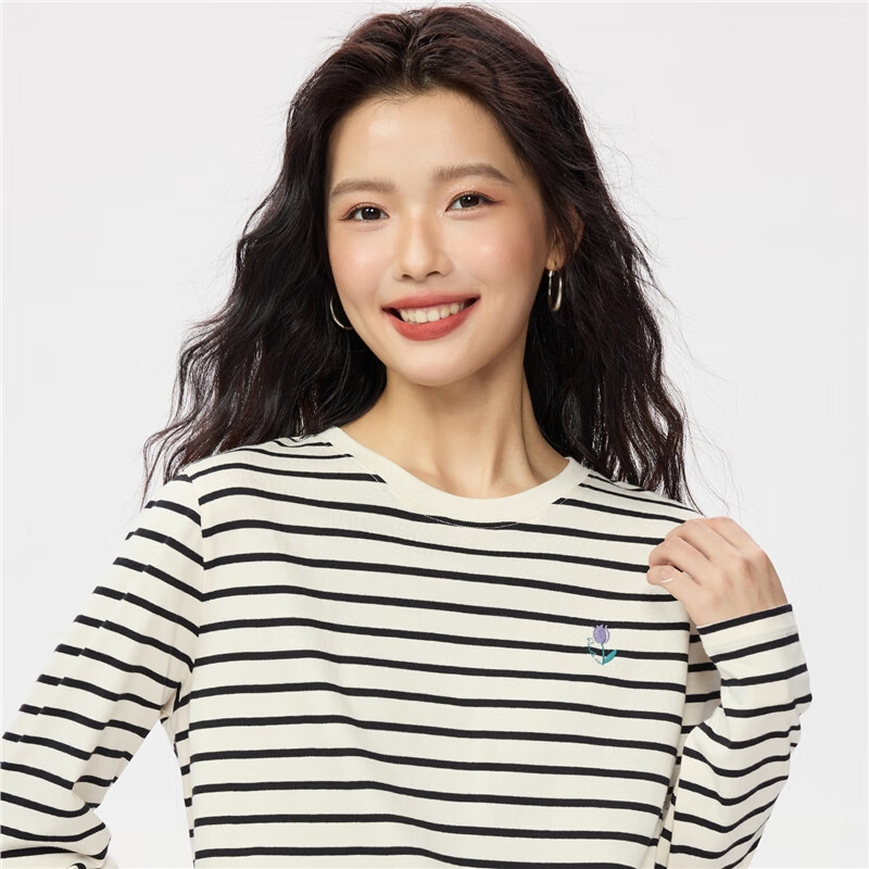 Giordano long-sleeved T-shirt women's autumn and winter pure cotton T-shirt embroidered round neck retro striped top 05325862