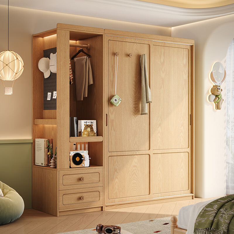 He Jiajiang solid wood wardrobe bedroom home sliding door wardrobe customized children's oak storage storage cabinet 2026 hot style 1.8m long * 2.05m high / oak wardrobe ENF maternal and child grade environmentally friendly antibacterial 18MM thickened oak / support customization