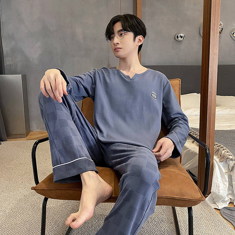 Yu Zhaolin pajamas men's cotton autumn and winter long-sleeved simple casual youth large size can be worn outside all seasons pullover home clothes