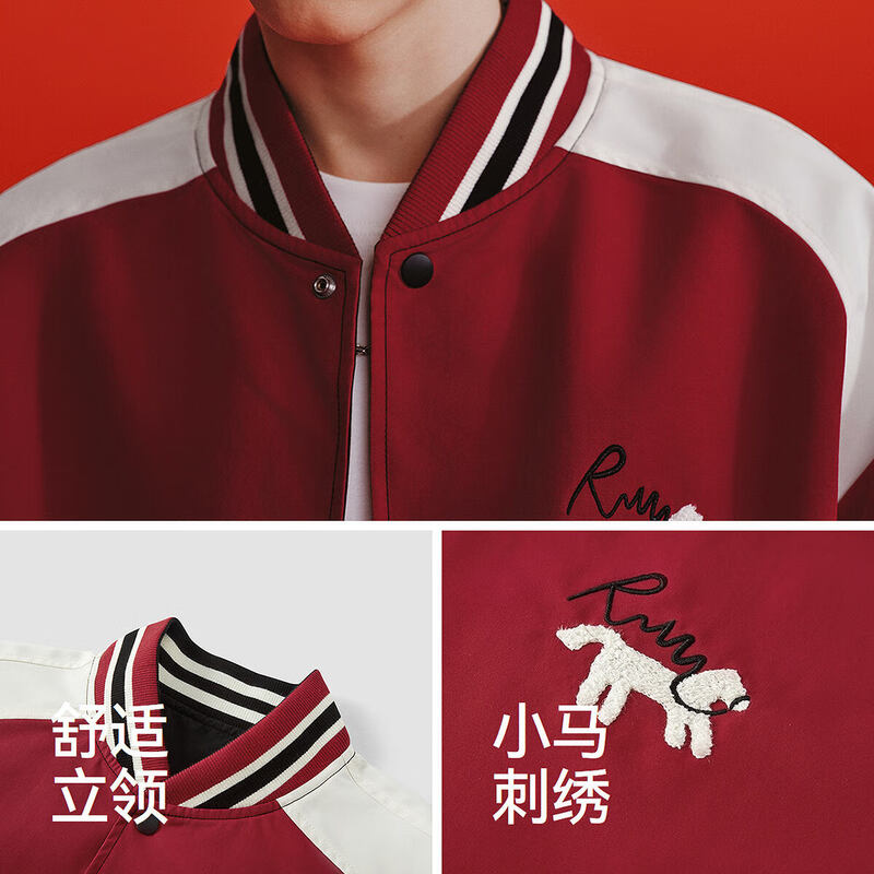 Semir New Year Qiji Red丨Coat Men's 26 Spring Three-proof Embroidered Splicing Top Loose Casual Baseball Jacket Red