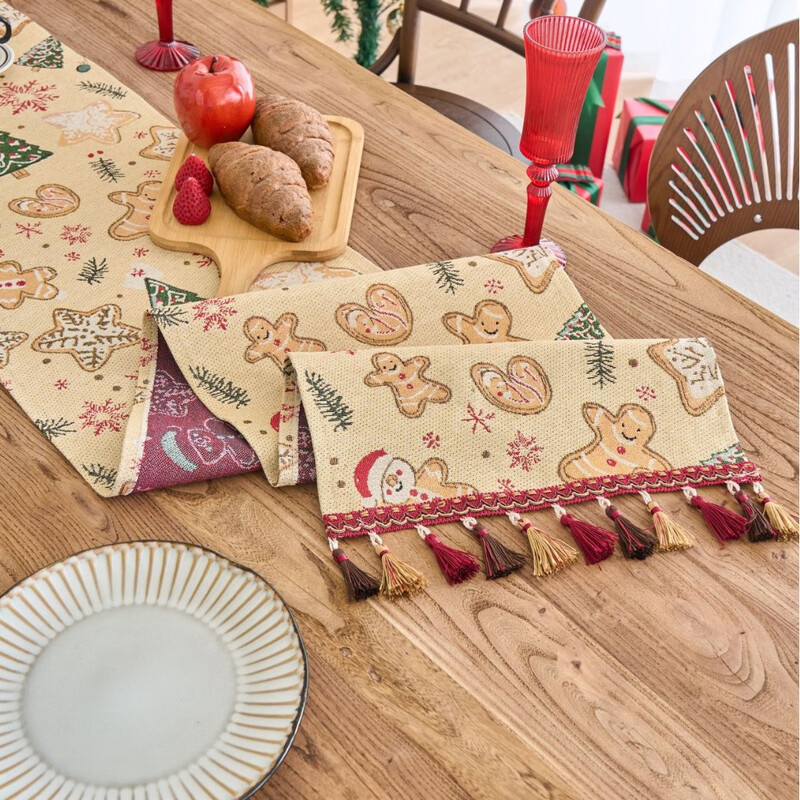 Meiyueshe table flag Christmas table center tablecloth 2025 new light luxury high-end American retro style flag cloth sideboard cover cloth jacquard gold silk bow new red tassel 33-120