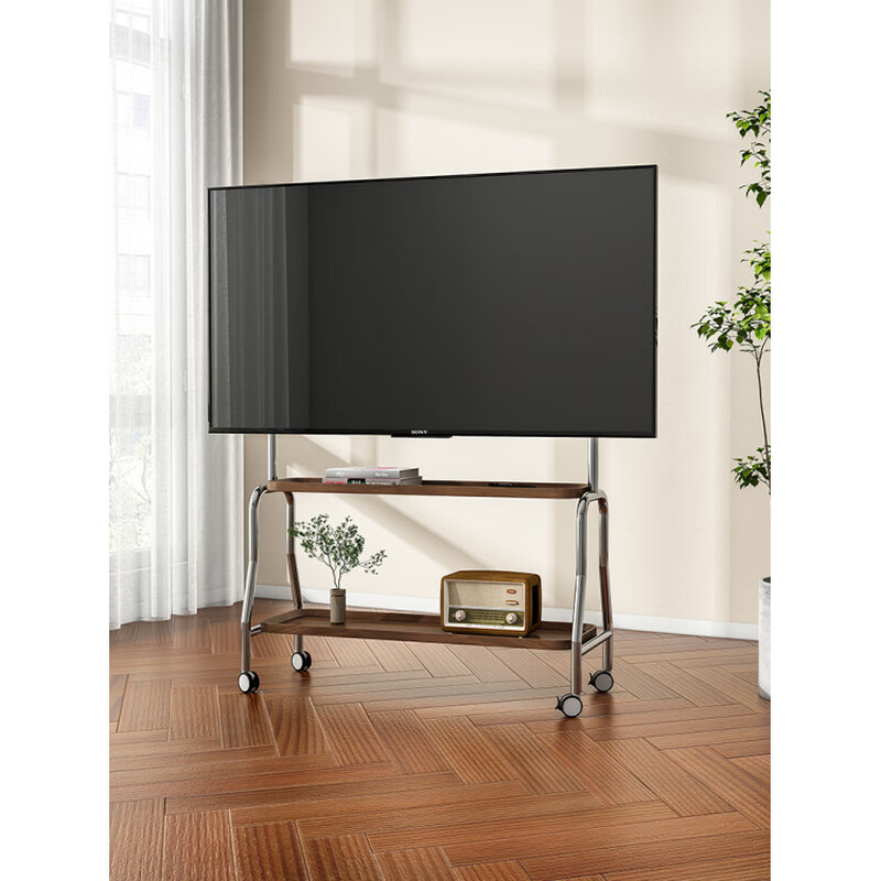 Aoyanlai removable stainless steel TV stand 4375 inches with wheels for home use stainless steel + walnut color single layer_crystal wheel