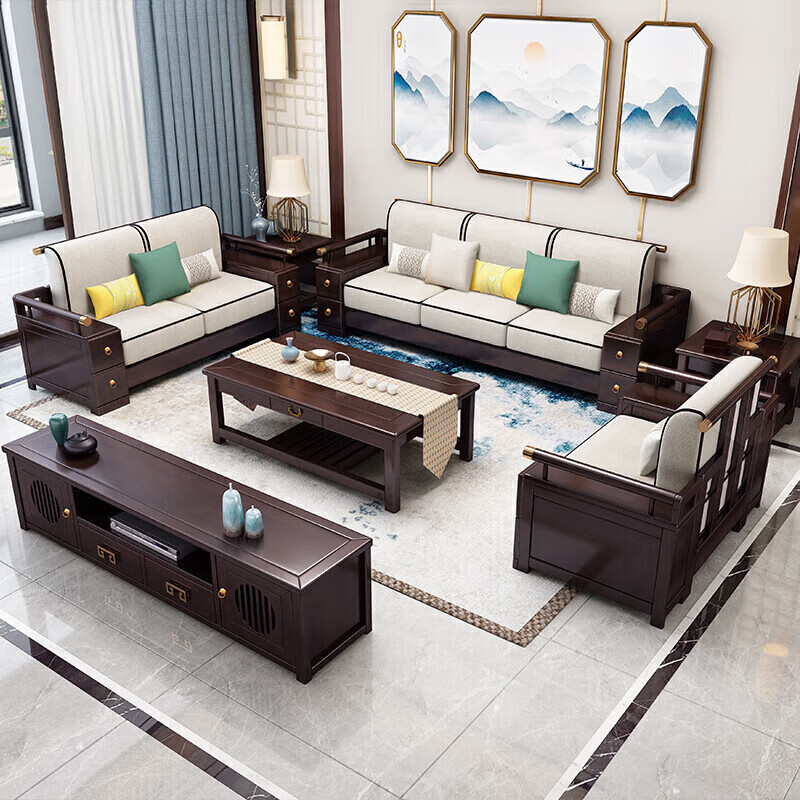 Sanskrit new Chinese style all-solid wood sofa combination modern simple large-sized living room removable and washable fabric sofa for winter and summer