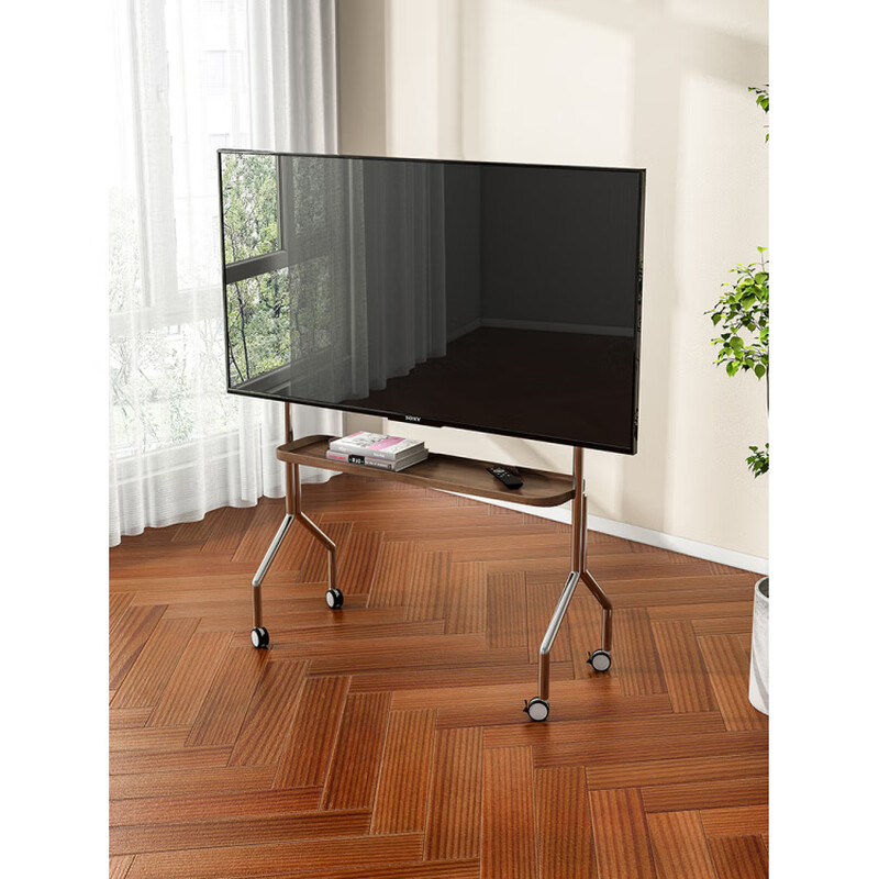 Aoyanlai removable stainless steel TV stand 4375 inches with wheels for home use stainless steel + walnut color single layer_crystal wheel