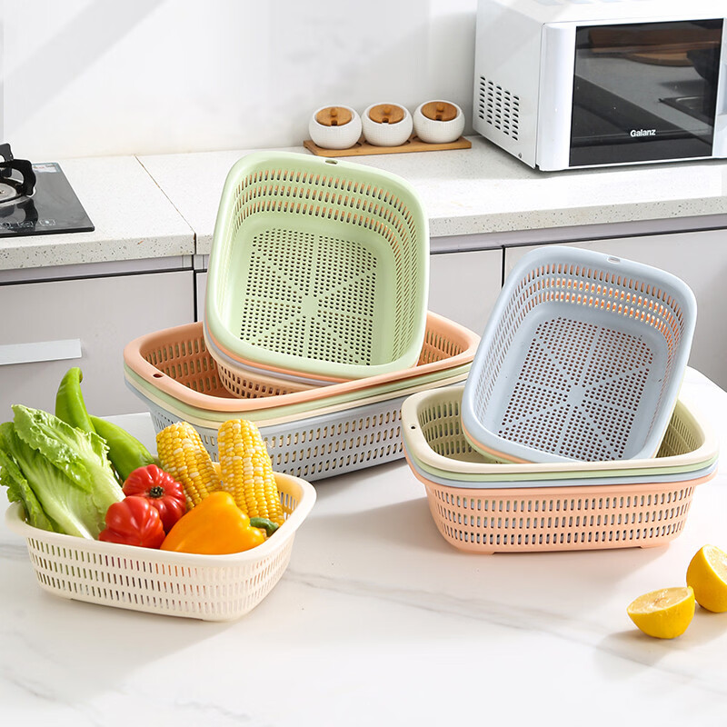 Pupan rectangular hollow plastic basket commercial thickened high temperature resistant fruit draining basket household large capacity vegetable basket green medium size