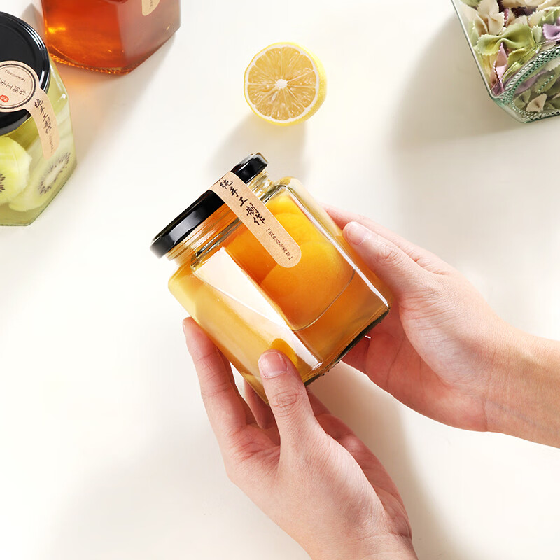 Extreme space sealed jar hexagonal storage bottle glass jar 380ml glass bottle sealed jar honey bottle can bottle 6 pack