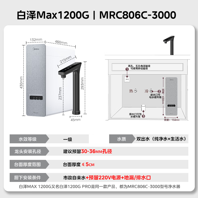Midea Baize Max 1200G 0 antiscalant water purifier for home use 6-year long-term RO reverse osmosis kitchen direct drinking filter water purifier touch screen dual water outlet
