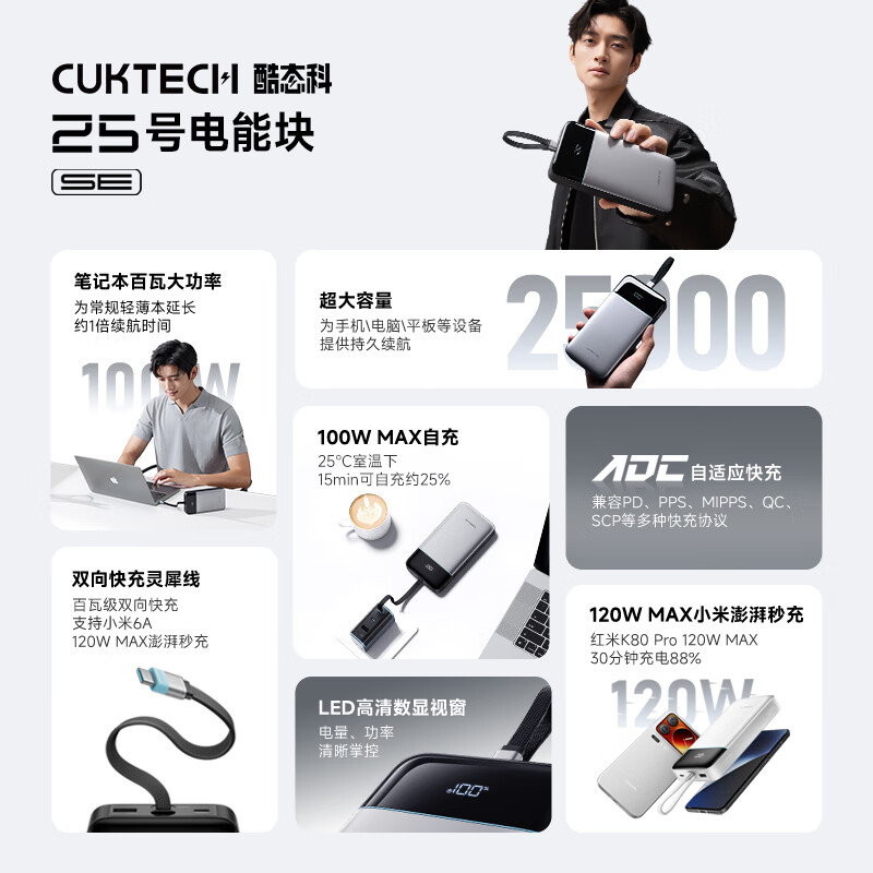CUKTECH 3C certified for boarding aircraft No. 25 super power block SE power bank 120W/100W comes with 25000 mAh laptop power bank