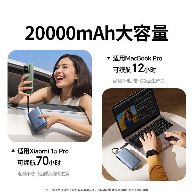 Green Alliance 3C certified, can be used on airplanes, super power block 100W laptop power bank with built-in cable 20000 mAh PD fast charging, large capacity mobile power supply, suitable for Xiaomi and Apple