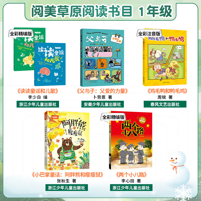 Grades 1, 2, 3, 4, 5 and 6 in Yuemei Grassland Read nursery rhymes and children's songs in full-color edited edition The power of father's love between father and son The toy mud dog that grew up together The magic pen Ma Liang The ancient Chinese fable The Foolish Old Man Moves the Mountains Look at our earth across the horizon The edited version of the masterpiece Journey to the West Robinson Crusoe 5 books for first grade (phonetic version)