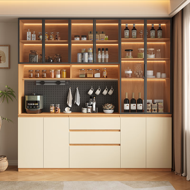 Gugezhijia customized solid wood sideboard against the wall, integrated storage cabinet, warm white storage cabinet, wine cabinet, kitchen dining table integrated cabinet, 2.4 meters long