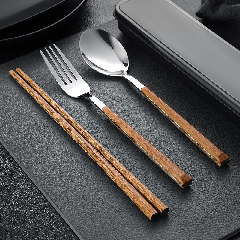 Tuojin Germany imported quality chopsticks and spoon set food grade stainless steel portable tableware student storage box fork gold 3-piece set (round chopsticks + spoon + cutlery box) comes with a portable bag