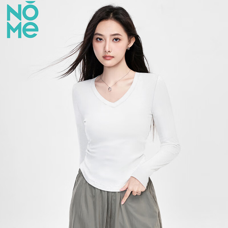 NOMENOMe long-sleeved t-shirt women's new V-neck pleated inner t-shirt slim right shoulder bottoming shirt white M
