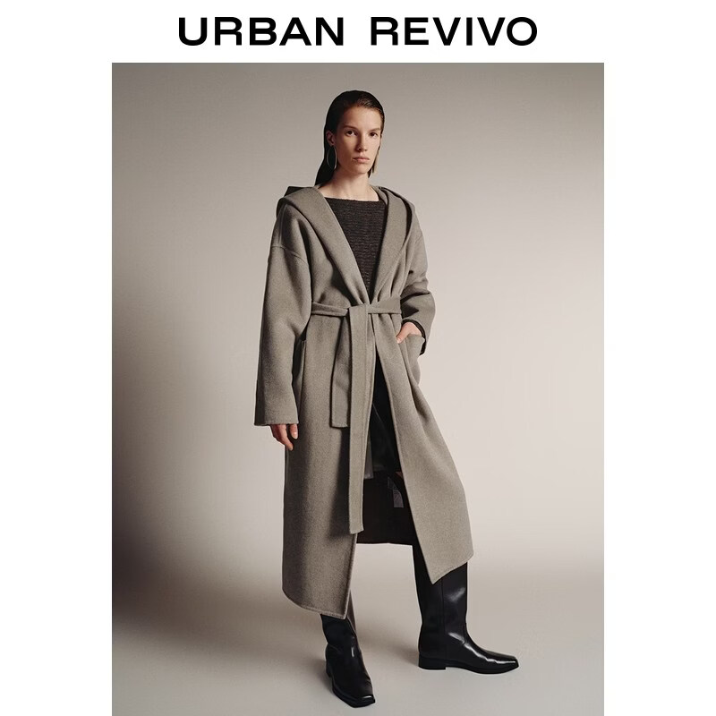 UR2025 new winter women's high-intellectual temperament hooded belt coat UWM150078 medium brown gray S