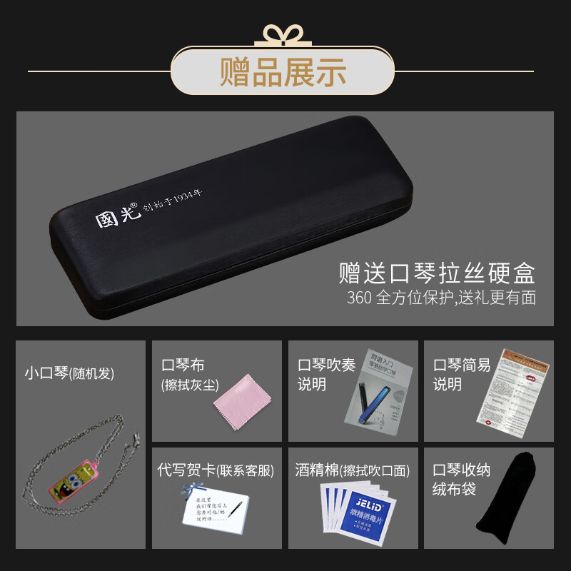 Guoguang harmonica professional performance level accented German imported gongs polyphonic C key for beginners entry-level adult self-study 24 holes C key accented silver + full set of gifts