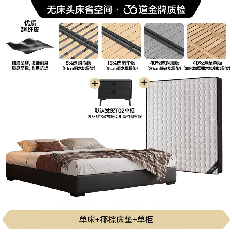 Fasati no bedside master bedroom small apartment floor-standing Italian minimalist leather bed light luxury modern simple backless bed single bed + coconut palm mattress + single cabinet (flagship version 20cm ribbed frame) 1.8*2m frame structure