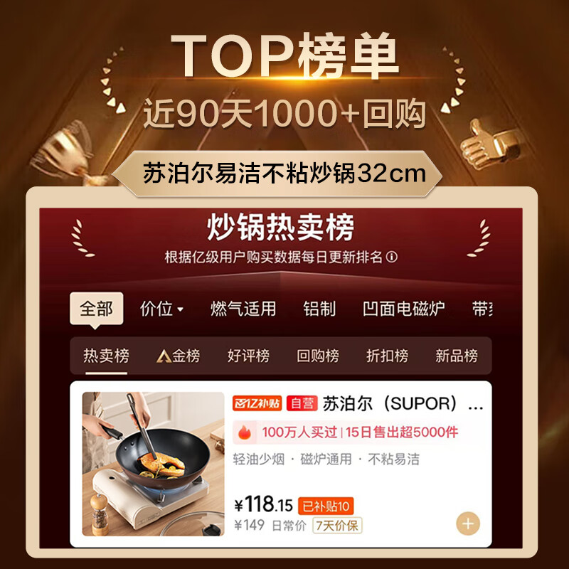 SUPOR wok non-stick pan flat-bottomed wok frying pan 32cm induction cooker gas universal easy-to-clean less oily smoke