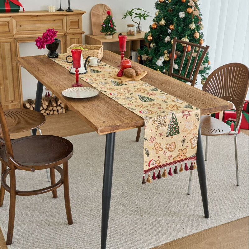 Meiyueshe table flag Christmas table center tablecloth 2025 new light luxury high-end American retro style flag cloth sideboard cover cloth jacquard gold silk bow new red tassel 33-120