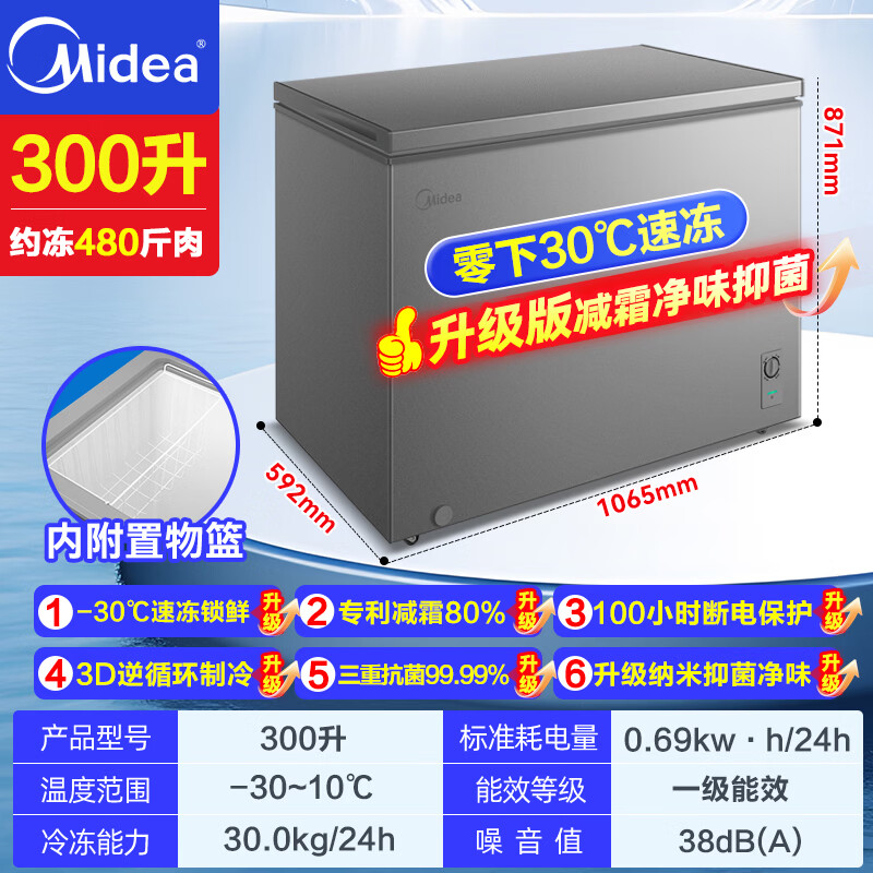Midea 300 liters or above freezer household small freezer large capacity freezer commercial - 40 degree seafood special cabinet cryogenic quick freezer single temperature horizontal tea refrigerator freezer 301 liters automatic defrost first level energy efficiency -30 quick freezing