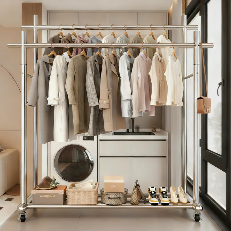 Jingcai stainless steel coat rack floor-standing clothes drying rack J07 cannon foot double pole length 150 height 150*170cm