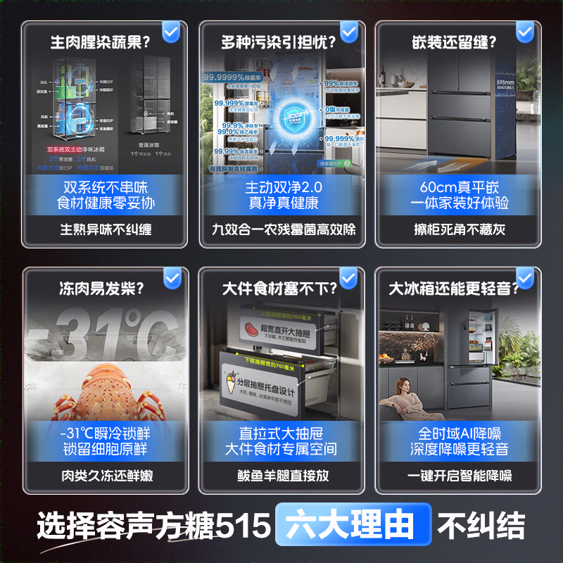 Rongsheng Tangtang 515L French-style multi-door refrigerator dual-system active sterilization ultra-thin zero-embedded first-level energy efficiency frost-free World Cup customized refrigerator national subsidy BCD-515P60FZMAD moon rock gray
