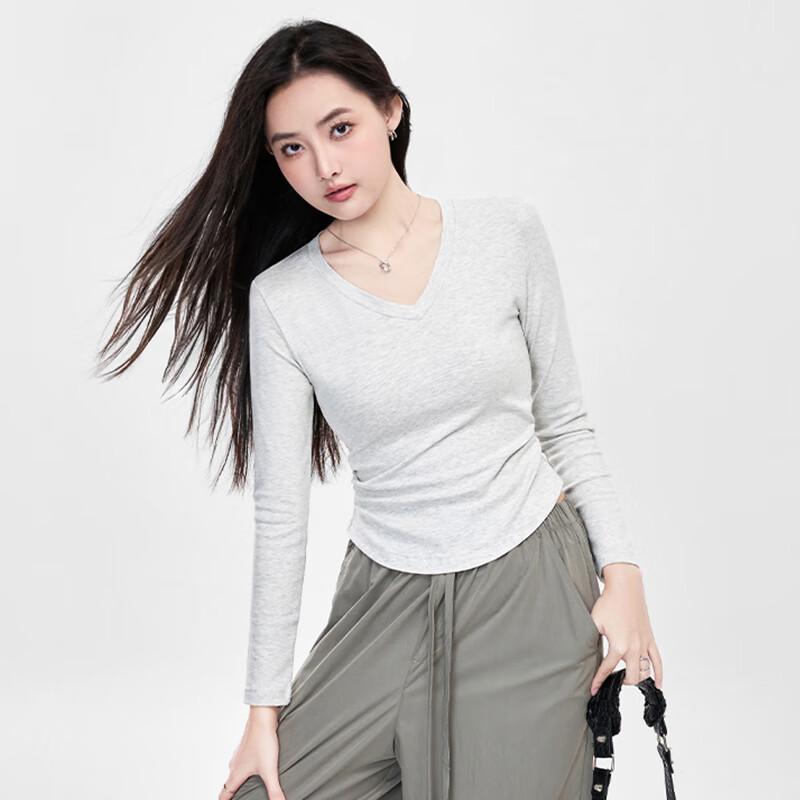 NOMENOMe long-sleeved t-shirt women's new V-neck pleated inner t-shirt slim right shoulder bottoming shirt white M