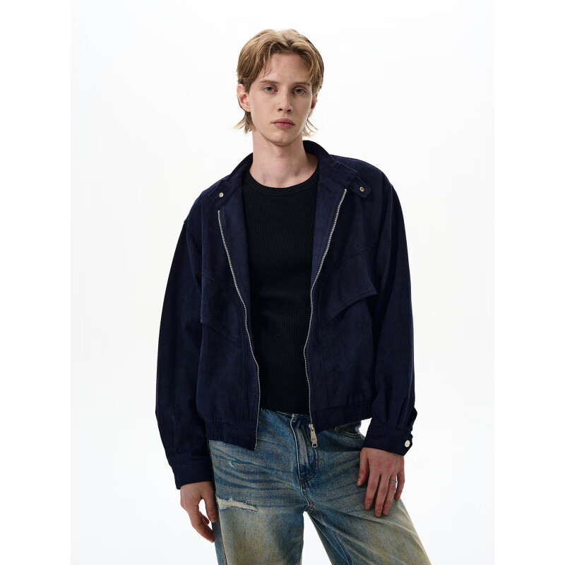 DEREJERINE retro Barn style suede stand collar work jacket for men and women, loose casual short style deconstructed jacket trendy Khaki L